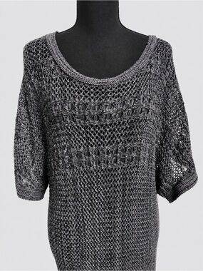 Dressbarn 2X Gray Open Knit Crochet Tunic Sweater Dolman Sleeve